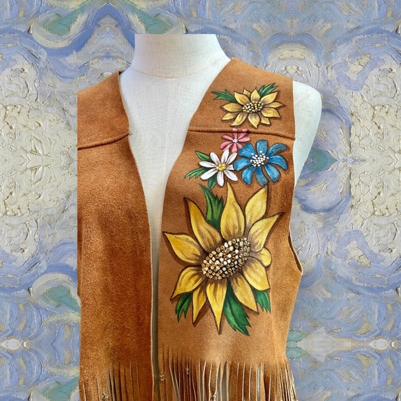 Berman Buckskin vintage long fringe suede vest handpainted cheetah flowers sz SM - Picture 12 of 16